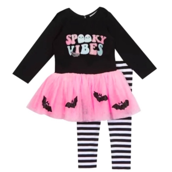 Spooky Vibes Tutu & Legging Fall / Halloween Set, Size 18mth, pink tulle w/ bats - Picture 1 of 6